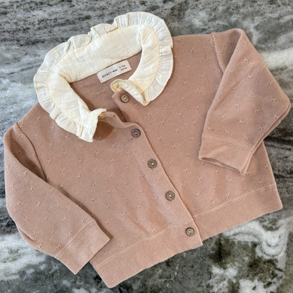 Quincy Mae Ruffle Collar Button-Up Cardigan - Tan and Cream 100% Organic Cotton